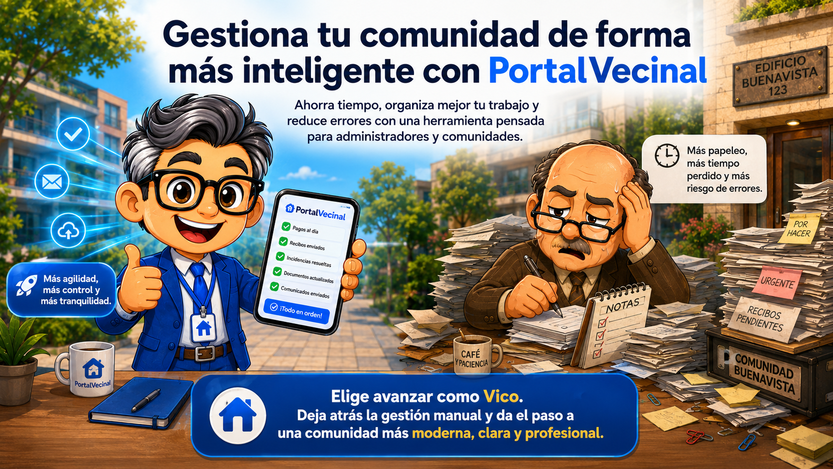 Comparación entre administración manual y gestión digital con PortalVecinal
